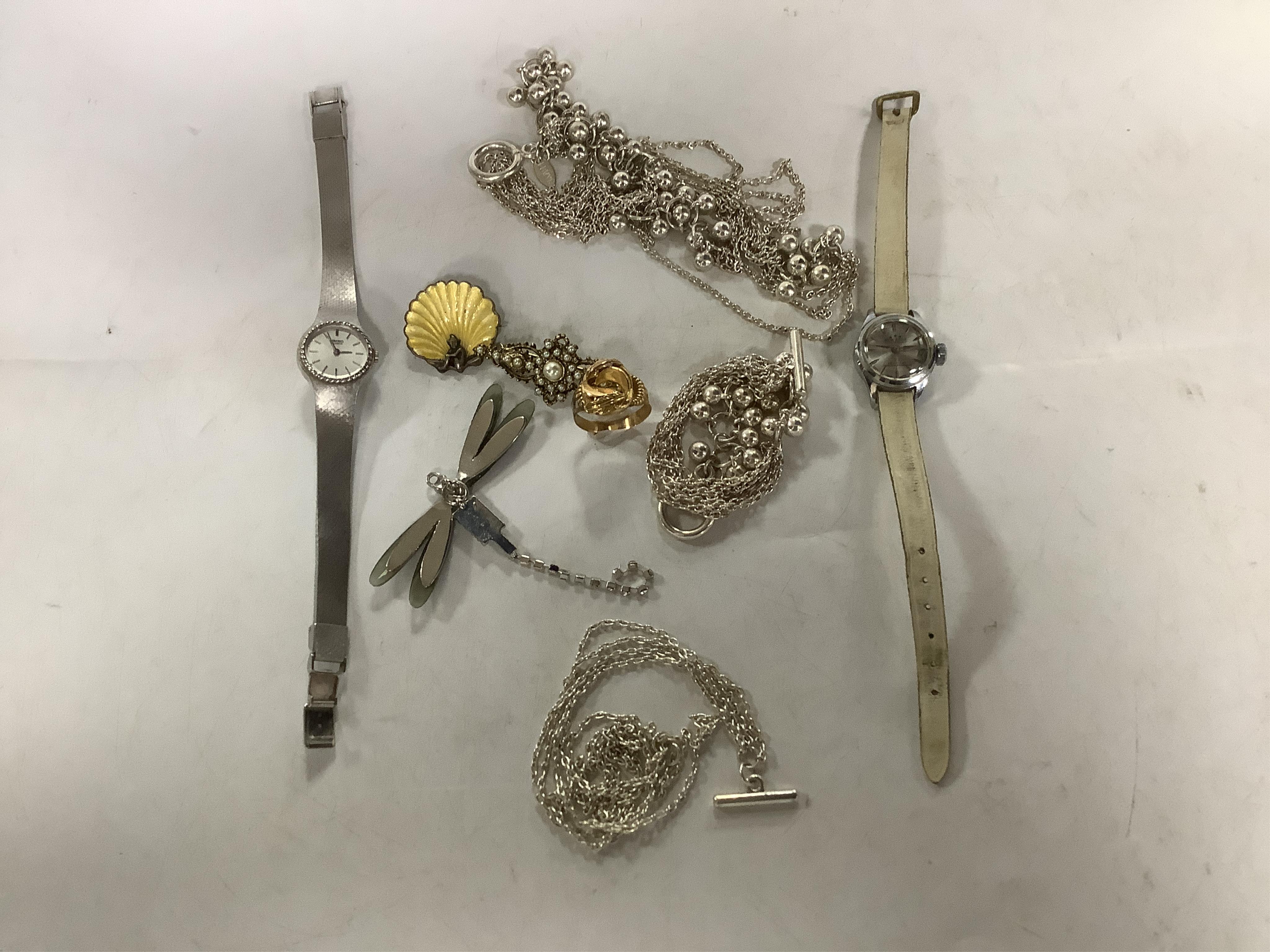 An Italian 18k ring, of foliate design, size Q/R, 4 grams, together with other assorted jewellery etc. including a sterling and yellow enamel shell brooch, two lady's wrist watches, costume jewellery and a 'book' box.